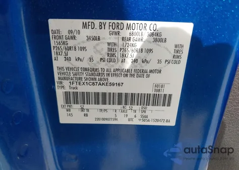 2010 Ford F-150 Fx2 Sport из США, поврежденный, VIN 1FTEX1C87AKE59167